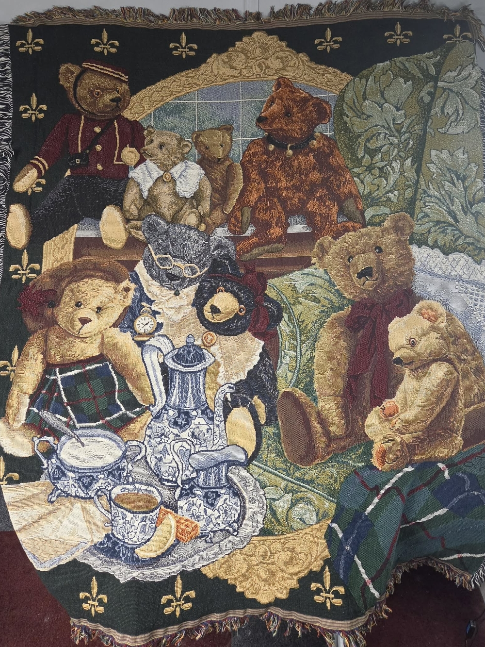 Vintage Teddy Bear Tea Party Woven Tapestry Throw Wall Hanging 57x46